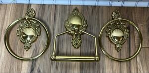 Vintage Brass Tone Bathroom Hardware Set 2 Towel Ring Toilet Paper Holder Taiwan